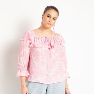 Eloquii Rose Floral Off The Shoulder Flounce Top Ruffle 3/4 Sleeves Peasant